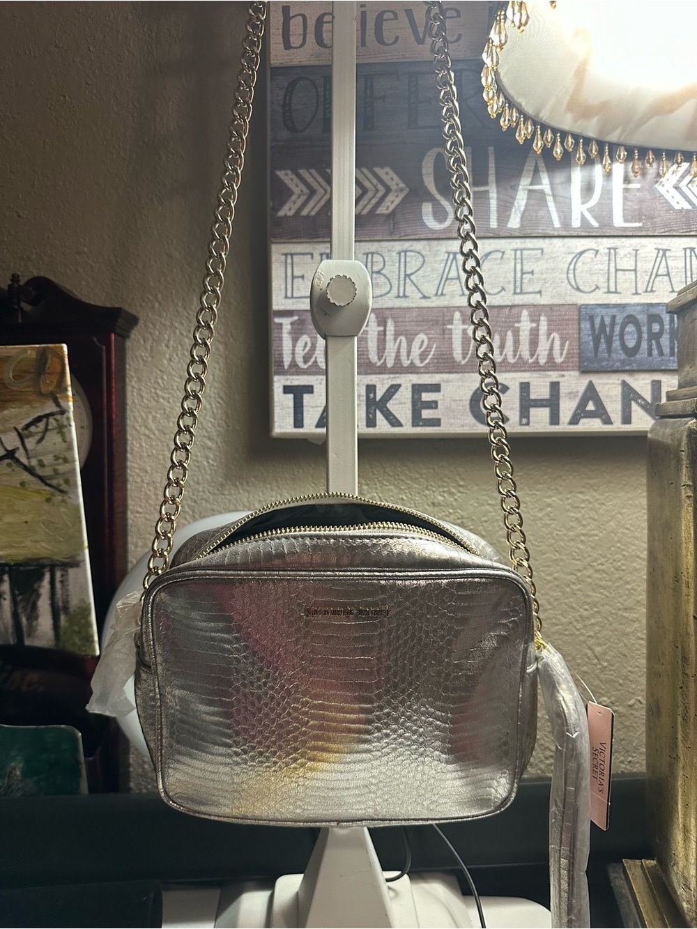 Victoria's Secret Silver Metallic Crossbody Camera Bag with Gold Chain